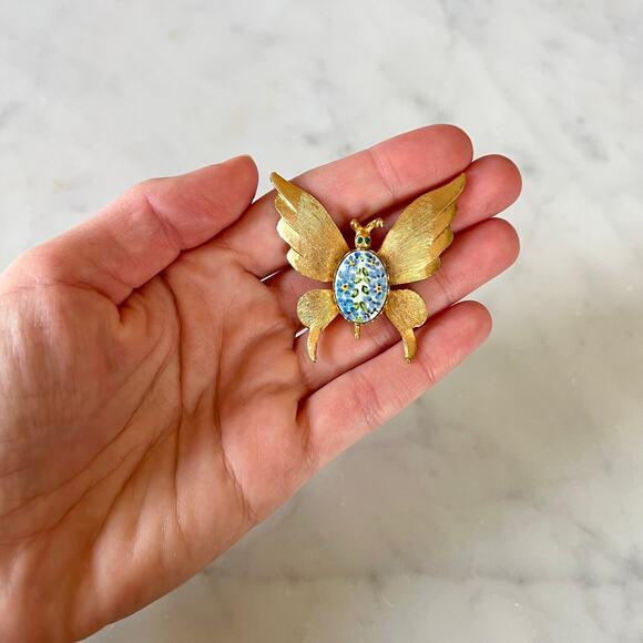 Vintage Gold Tone Butterfly Brooch with Floral Porcelain & Green Rhinestone Eyes - Picture 2 of 8